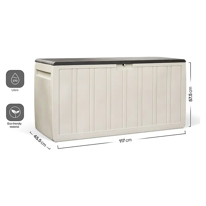 Kissenbox - 45,5 x 117 x 57,5 cm, Kunststoff, Beige - Beige Outdoor-Aufbewahrungsbox mit dunkelgrauem Deckel, 117x45,5x57,5cm, 270L Fassungsvermögen, umweltfreundlich.