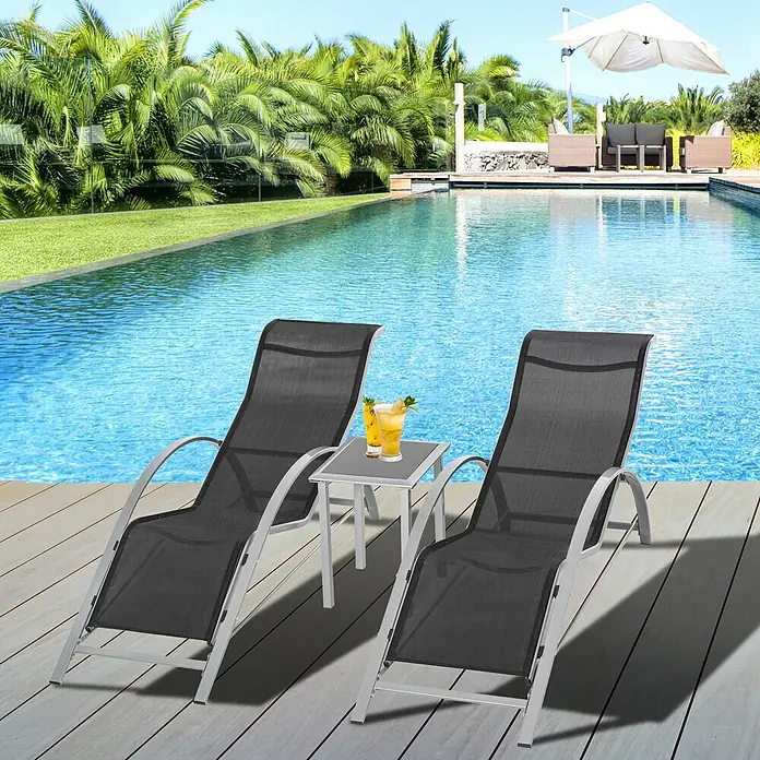 Outsunny Gartenliegen-Set 3-tlg. mit Tisch - Schwarz, Silber, Metall