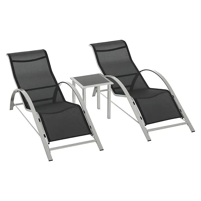 Outsunny Gartenliegen-Set 3-tlg. mit Tisch - Schwarz, Silber, Metall