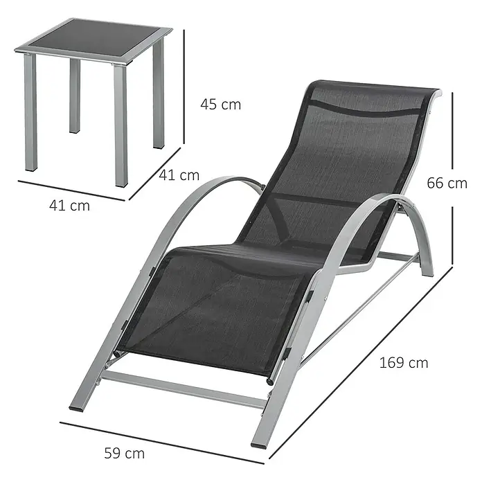 Outsunny Gartenliegen-Set 3-tlg. mit Tisch - Schwarz, Silber, Metall