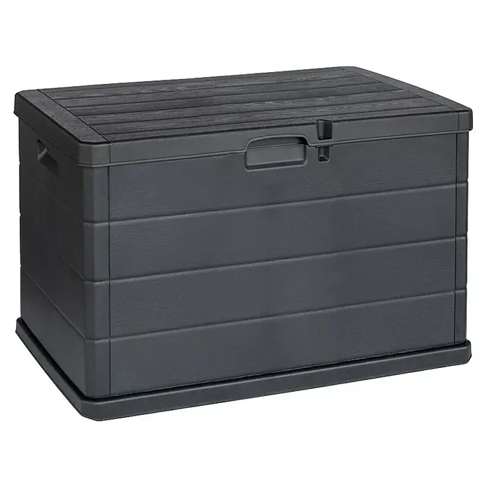 Kissenbox - 55 x 78 x 52 cm, Kunststoff, Anthrazit - Dunkelgraue Kunststoff-Aufbewahrungsbox mit texturiertem Holzoptik-Deckel, gerillten Seiten und Griffen.