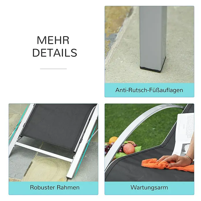 Outsunny Gartenliegen-Set 3-tlg. mit Tisch - Schwarz, Silber, Metall