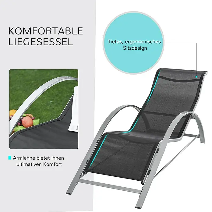 Outsunny Gartenliegen-Set 3-tlg. mit Tisch - Schwarz, Silber, Metall