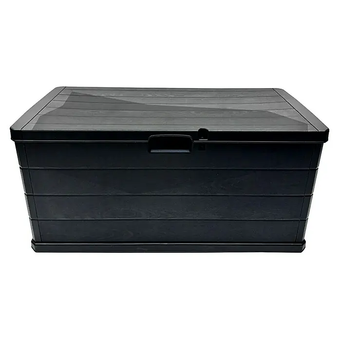 Kissenbox - 59 x 118 x 57 cm, Kunststoff, Anthrazit - Dunkelgraue Kunststoff-Aufbewahrungsbox mit Holzmaserung und vorderem Verschluss.