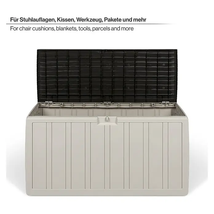 Kissenbox - 45,5 x 117 x 57,5 cm, Kunststoff, Beige - Offene beigefarbene Kunststoff-Aufbewahrungsbox mit schwarzem Deckel, geeignet für Kissen, Decken, Werkzeuge und Pakete.