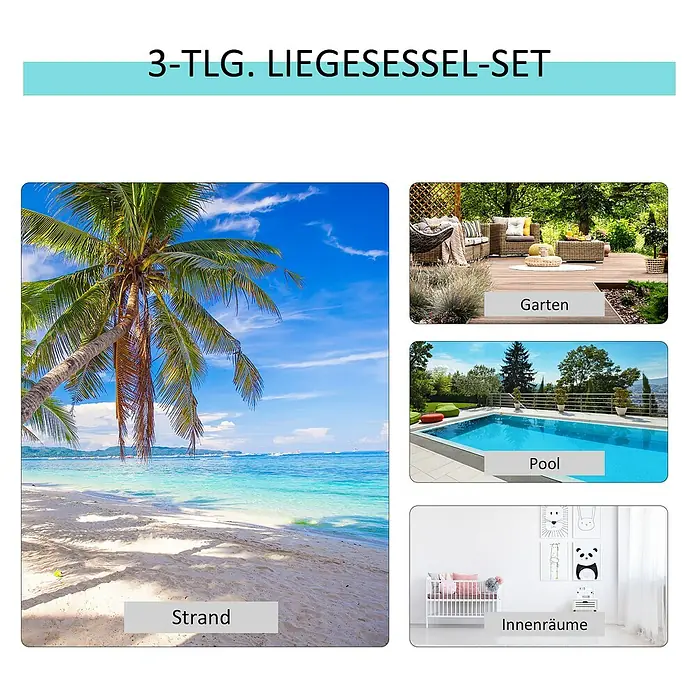 Outsunny Gartenliegen-Set 3-tlg. mit Tisch - Schwarz, Silber, Metall