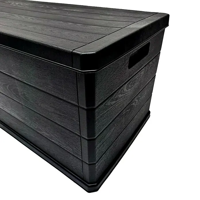 Kissenbox - 59 x 118 x 57 cm, Kunststoff, Anthrazit - Dunkelgraue Kunststoff-Aufbewahrungsbox mit Holzmaserung und integrierten Griffen.