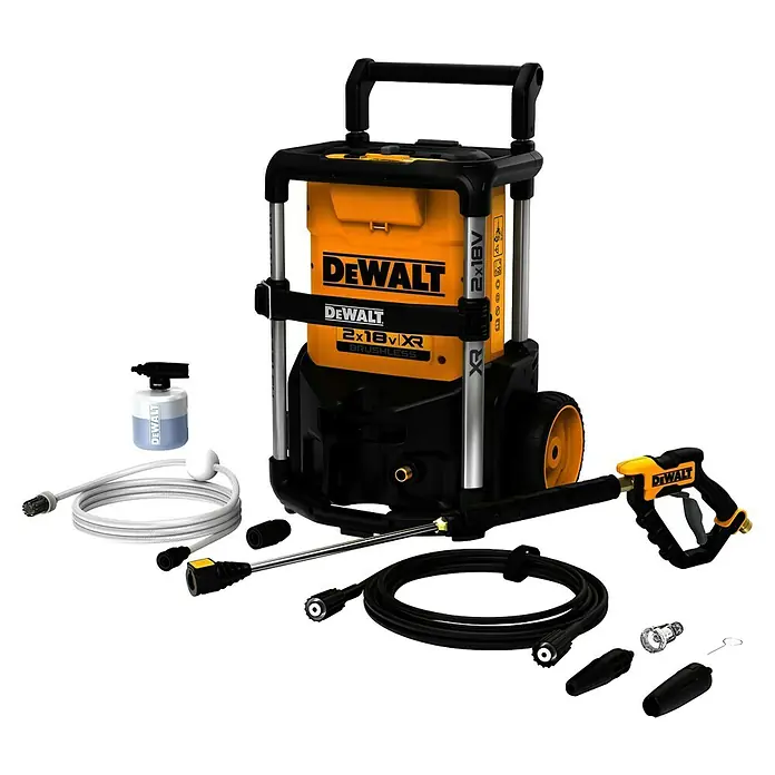 DeWalt XR 18V Akku-Hochdruckreiniger DCMPW1600N-XJ - 18 V, Ohne Akku - Gelb-schwarzer DeWalt 2x18V XR Brushless Hochdruckreiniger mit Zubehör wie Spritzpistole, Schläuchen und Reinigungsflasche.