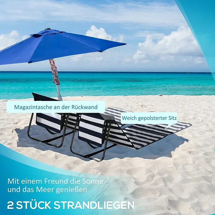 Outsunny Gartenliegen-Set 2-tlg. mit Seitentasche - B x T: 51 x 142 cm, Blau, Weiß, Polyester, Klappbar