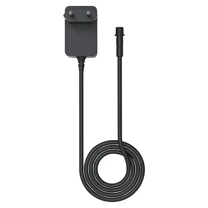 RoboUp Zusatzmodul für Mähroboter - RoboUP TM01 Serie - Schwarzes Netzteil mit gewickeltem Kabel und Gewindeanschluss.