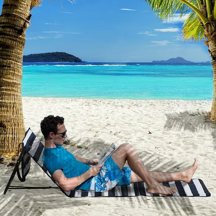 Outsunny Gartenliegen-Set 2-tlg. mit Seitentasche - B x T: 51 x 142 cm, Blau, Weiß, Polyester, Klappbar