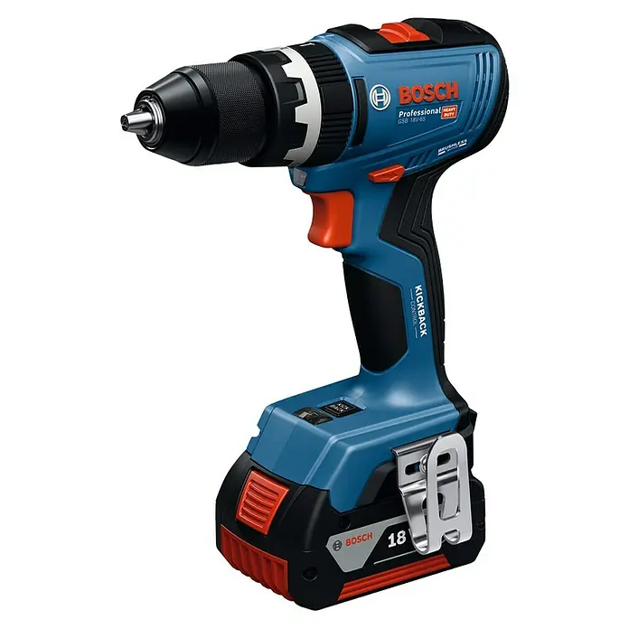 Bosch Professional AMPShare 18V Akku-Schlagbohrschrauber GSB 18V-65 - 18 V, 2 Akkus, 5 Ah, 63 Nm, 2 x 5 Ah Akku, L-BOXX 136N - Blauer und schwarzer Bosch Professional 18V Akkuschrauber mit roten Akzenten, silbernem Bohrfutter und Gürtelclip. Mit 'Brushless' und 'Kickback Control'.