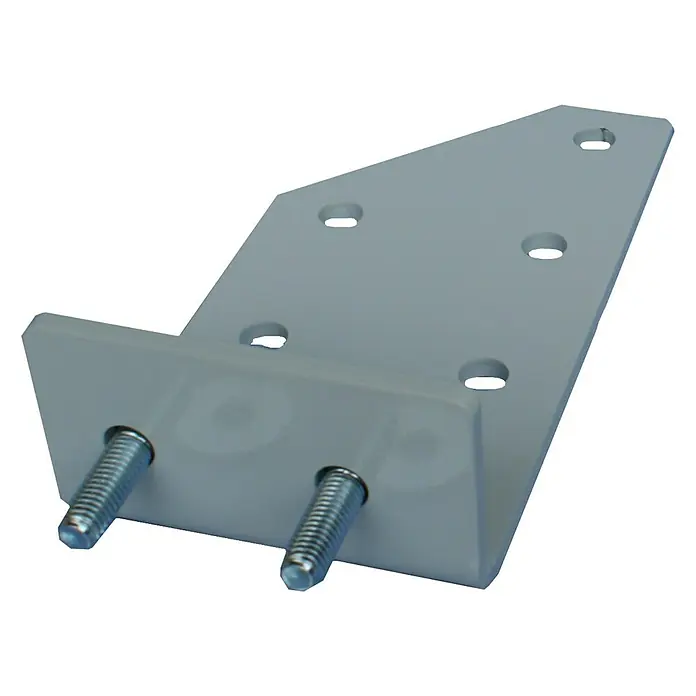 Solid Elements Dachsparrenadapter - 195 x 60 x 100 mm, Lichtgrau, Passend für: Solid Elements Gelenkarmmarkisen - Eine graue Winkelhalterung mit zwei Schrauben und mehreren Löchern zur Befestigung. Ideal für Bau- und Montageprojekte.