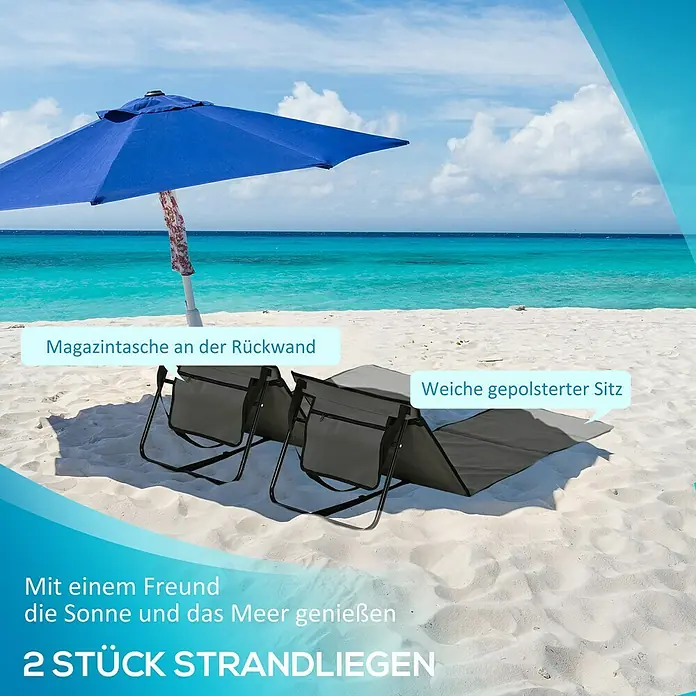 Outsunny Gartenliegen-Set 2-tlg. mit Seitentasche - B x T: 51 x 142 cm, Grau, Polyester, Klappbar