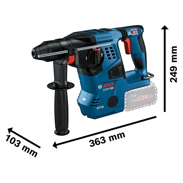 Bosch Professional AMPShare 18V Akku-Kombihammer Pro Heavy Duty GBH 18V-28 C - 18 V, Ohne Akku, 3,3 J, Mit L-BOXX - Blauer und schwarzer Bosch Professional Akku-Bohrhammer mit Abmessungen: L 363mm, H 249mm, B 103mm, mit ProCORE 18V Akku.
