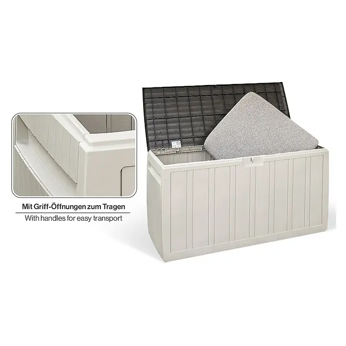 Kissenbox - 45,5 x 117 x 57,5 cm, Kunststoff, Beige - Beige Kunststoff-Gartenbox mit geöffnetem dunklem Deckel, innen ein graues Kissen. Integrierte Griffe für einfachen Transport.