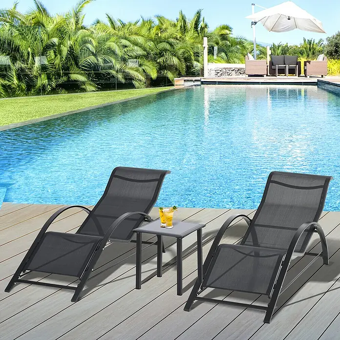 Outsunny Gartenliegen-Set 3-tlg. mit Tisch - Schwarz, Metall