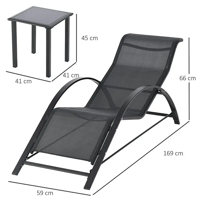 Outsunny Gartenliegen-Set 3-tlg. mit Tisch - Schwarz, Metall