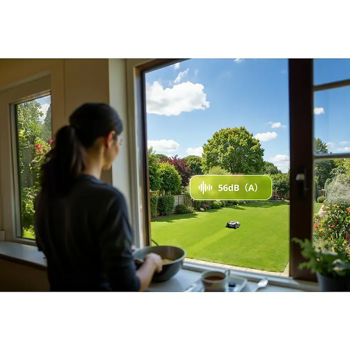 RoboUp Mähroboter T600 - 800 m², Schnittbreite: 20 cm, Kamera-gestützte Navigation, RTK - Mähroboter schneidet leise einen grünen Rasen, von einem Fenster aus gesehen. Ein Overlay zeigt 56dB(A) Geräuschpegel an.