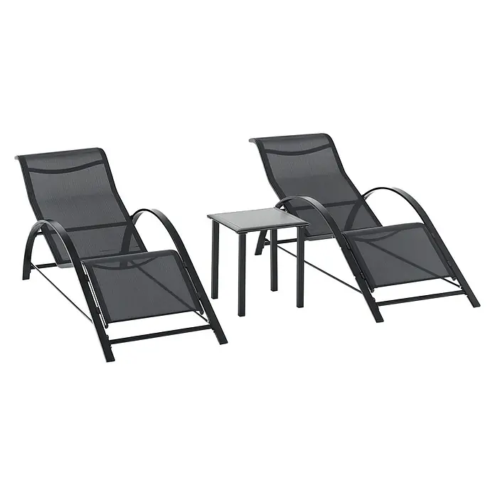 Outsunny Gartenliegen-Set 3-tlg. mit Tisch - Schwarz, Metall