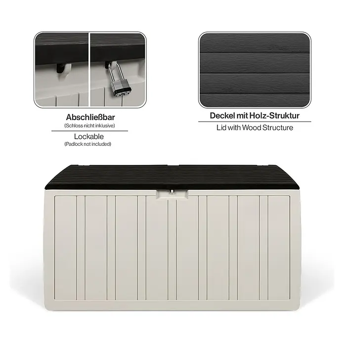 Kissenbox - 45,5 x 117 x 57,5 cm, Kunststoff, Beige - Beige Aufbewahrungsbox mit schwarzem Deckel in Holz-Optik, abschließbar. Vorhängeschloss nicht enthalten.