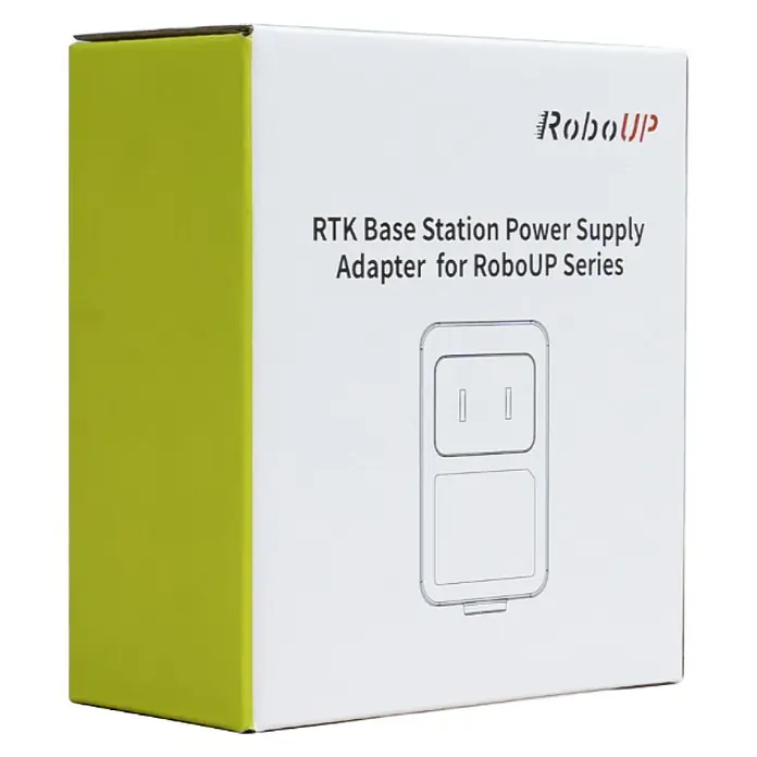 RoboUp Zusatzmodul für Mähroboter - RoboUP TM01 Serie - Weiße und grüne Verpackung für einen RoboUP RTK Basisstation Netzteil-Adapter, mit Skizze eines Adapters.