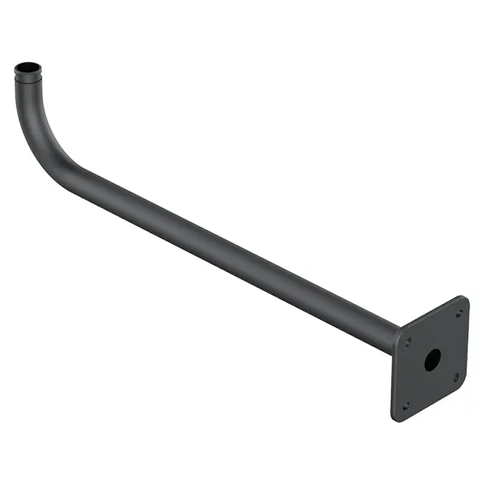 RoboUp Befestigungszubehör für Mähroboter Wandmontagestange - RoboUP TM01 Serie - Dunkelgrauer, gebogener Metall-Montagearm mit einer quadratischen Grundplatte und vorgebohrten Löchern.