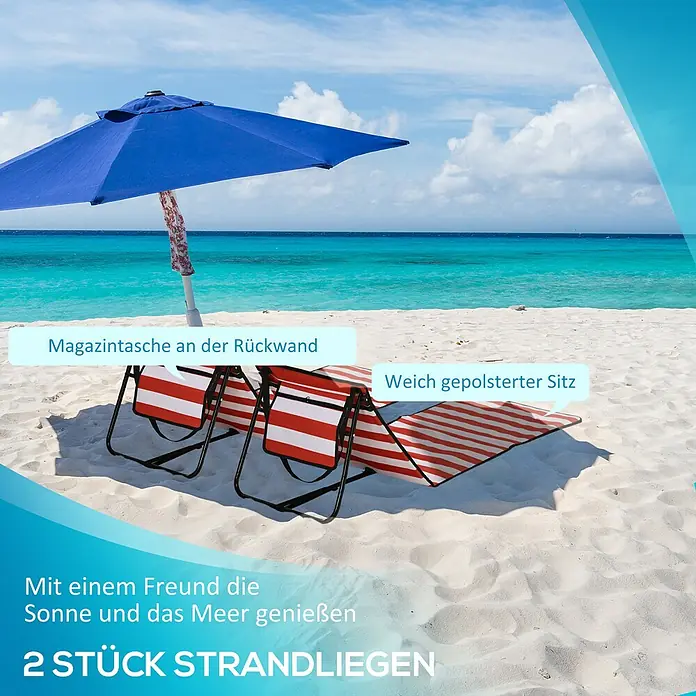 Outsunny Gartenliegen-Set 2-tlg. mit Seitentasche - B x T: 51 x 142 cm, Rot, Weiß, Polyester, Klappbar