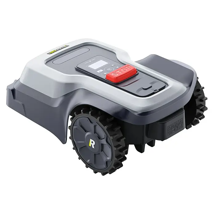 RoboUp Mähroboter T600 - 800 m², Schnittbreite: 20 cm, Kamera-gestützte Navigation, RTK - Moderner Mähroboter in Dunkelgrau und Weiß mit rotem STOP-Knopf und großen, profilierten Rädern.