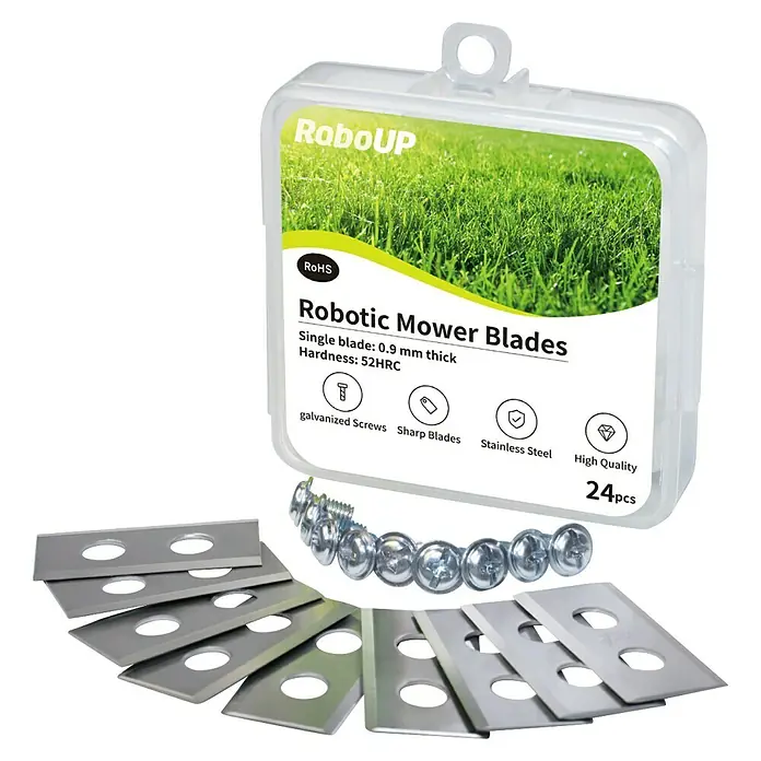 RoboUp Ersatzmesser-Set für Mähroboter - Passend für: Mähroboter der RoboUP TM01 und Raccoon Serie, 24 Stk. - Eine transparente Box mit RoboUP Mähroboter-Klingen und Schrauben, darunter lose Metallklingen und Schrauben.