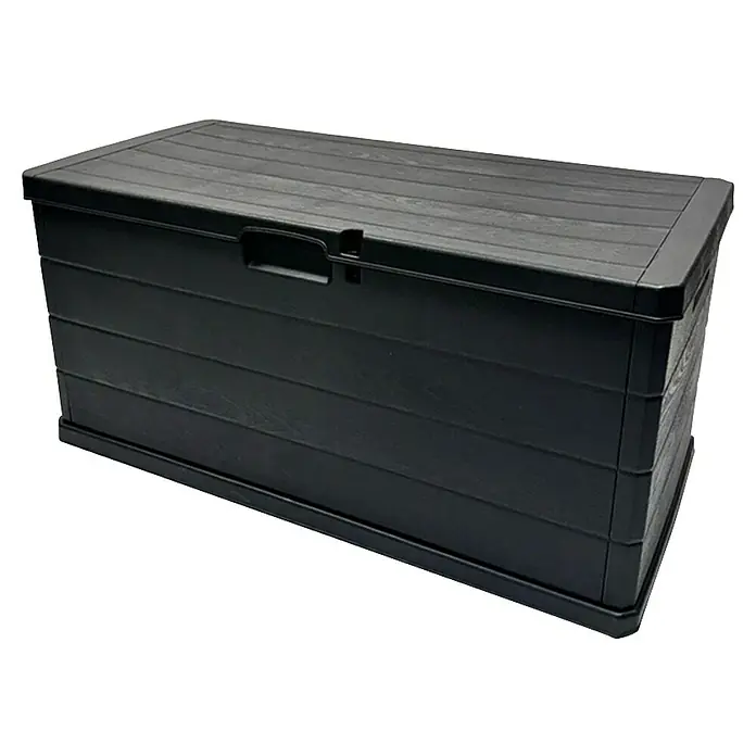 Kissenbox - 59 x 118 x 57 cm, Kunststoff, Anthrazit - Dunkelgraue Kunststoff-Outdoor-Aufbewahrungsbox mit Holzoptik und Deckelgriff.
