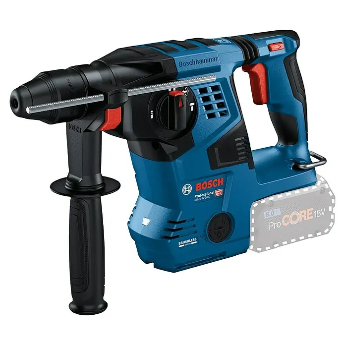 Bosch Professional AMPShare 18V Akku-Kombihammer Pro Heavy Duty GBH 18V-28 C - 18 V, Ohne Akku, 3,3 J, Mit L-BOXX - Blauer und schwarzer Boschhammer Akku-Bohrhammer mit 8,0 Ah ProCORE 18V Akku, SDS Plus Bohrfutter und Zusatzgriff.