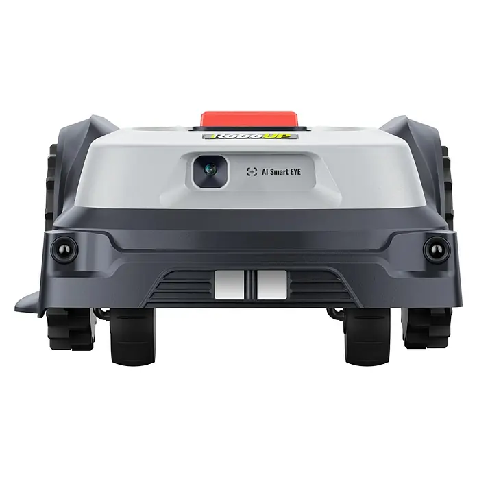 RoboUp Mähroboter T600 - 800 m², Schnittbreite: 20 cm, Kamera-gestützte Navigation, RTK - Vorderansicht eines dunkelgrauen und weißen Rasenroboters mit Frontkamera, 'AI Smart EYE'-Aufschrift und robusten Raupen.