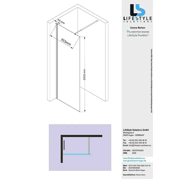 Glaszentrum Hagen Duschwand 100x200 cm Walk in Dusche Grau Transparent - B x H: 100 x 200 cm, Eloxiert, Grau
