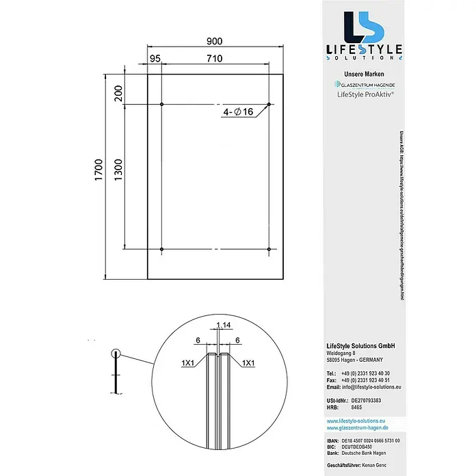 Glaszentrum Hagen Vordach 170x90 cm Glasvordach Klar RAL7016 STB - 170 x 90 x 75 cm, Anthrazit RAL7016