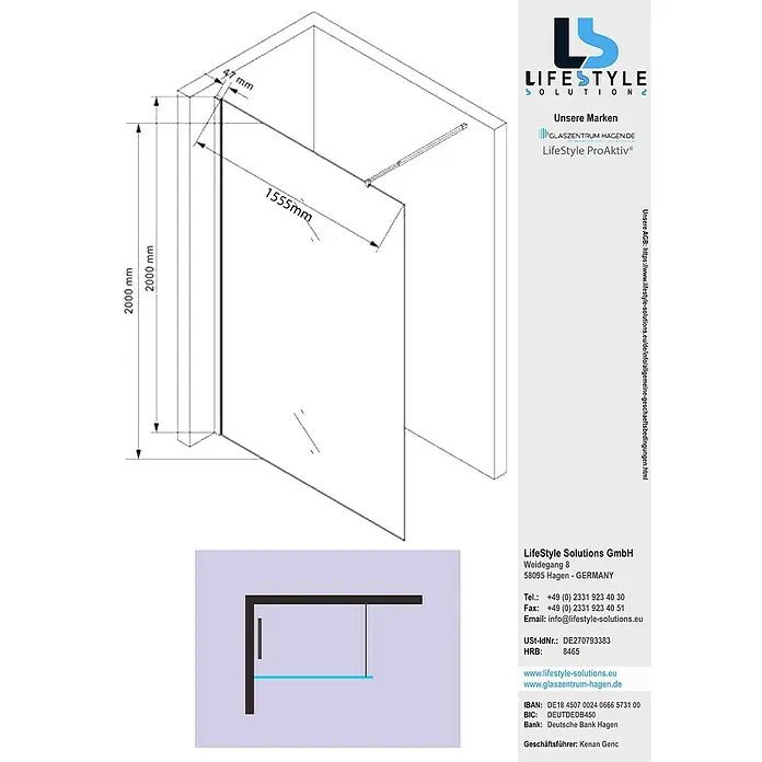 Glaszentrum Hagen Duschwand 160x200 cm Walk in Dusche Grau Transparent - Eloxiert, Grau