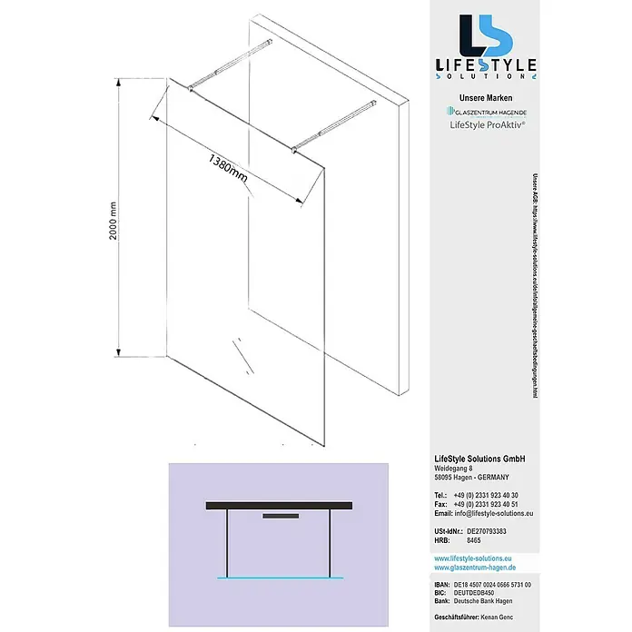 Glaszentrum Hagen Duschwand Jade 138x200 cm Walk in Duschwand Klar - B x H: 138 x 200 cm, Eloxiert, Farblos