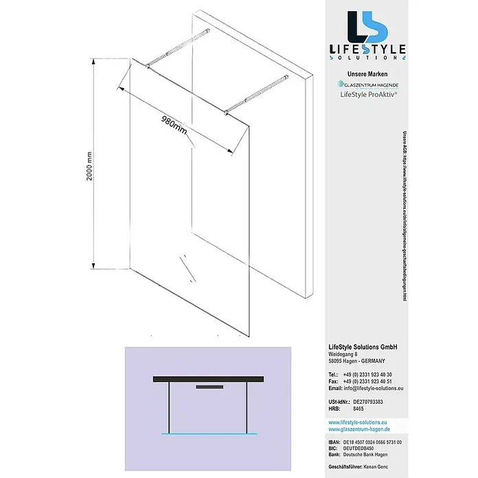 Glaszentrum Hagen Duschwand LoLa 98x200 cm Walk in Duschwand Satin - B x H: 98 x 200 cm, Eloxiert, Weiß