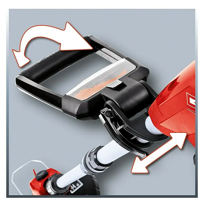 Einhell PXC 18V Recortabordes de batería GE-CT 18 Li-Solo - 18 V, Iones de litio, Sin batería - Vista detallada de un cortacésped, que muestra la flexibilidad del mango y el palo telescópico, con flechas direccionales para mayor claridad.
