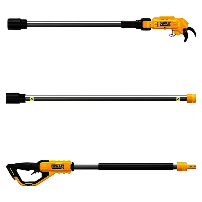 DeWalt XR 18V Akku-Teleskop-Astschere DCMPP569N-XJ - 18 V, Ohne Akku - Modulare DeWalt Astsäge in Gelb und Schwarz, dargestellt als Komplettwerkzeug, Verlängerungsstange und Handgriff.