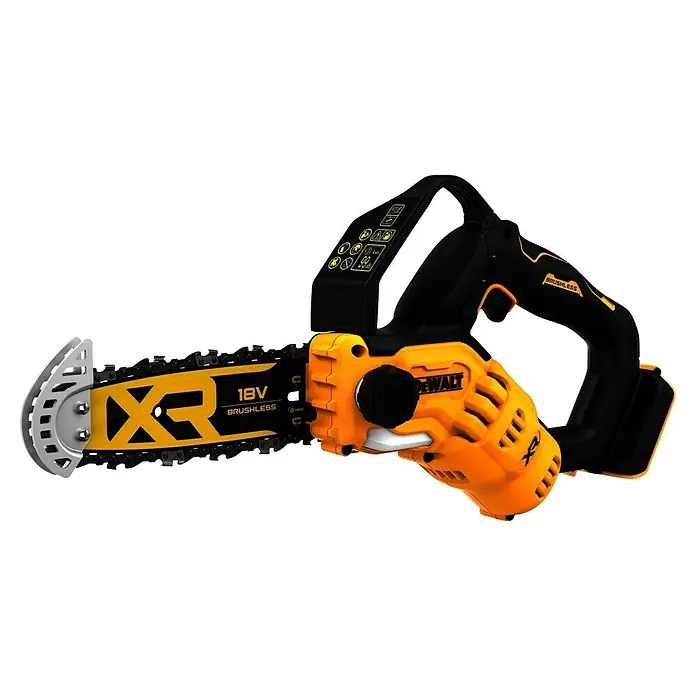 DeWalt XR 18V Akku-Kettensäge DCMPS520N-XJ - 18 V, Ohne Akku, Schwertlänge: 20 cm - Gelbe und schwarze DeWalt 18V XR Brushless Akku-Kettensäge mit Schwert und Kette.