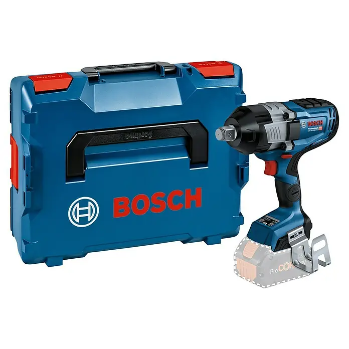 Bosch Professional AMPShare 18V Akku-Drehschlagschrauber GDS 18V-1600 HC - 18 V, Ohne Akku, 1.600 Nm, Ohne Akku, mit L-BOXX 136 - Blauer Bosch Werkzeugkoffer und ein blau/schwarzer Bosch Professional Akku-Schlagschrauber mit Akku.
