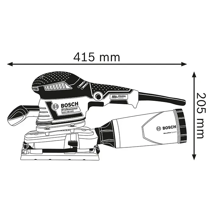 Bosch Professional Elektro-Schwingschleifer GSS 230 AVE - 300 W - Bosch GSS 230 AVE Schwingschleifer mit Staubfangbehälter, Vibration Control und Microfilter System. Maße: 415 x 205 mm.