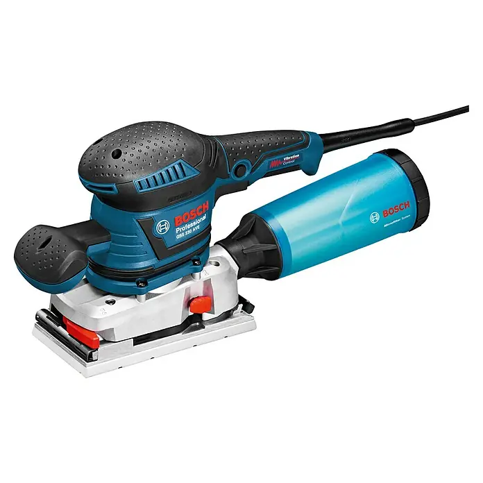 Bosch Professional Elektro-Schwingschleifer GSS 230 AVE - 300 W - Blauer und schwarzer Bosch Schwingschleifer mit hellblauem Staubfangbehälter.