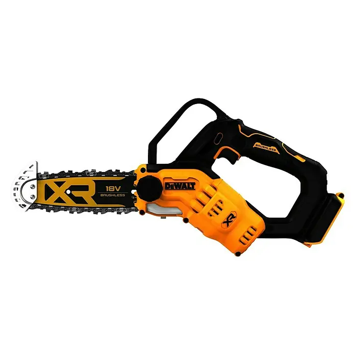 DeWalt XR 18V Akku-Kettensäge DCMPS520N-XJ - 18 V, Ohne Akku, Schwertlänge: 20 cm - Gelb-schwarze DeWalt 18V Akku-Kettensäge mit Sägekette und vorderem Griff.