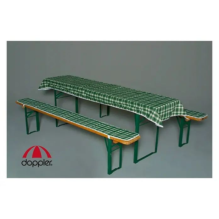 Doppler Bierbankauflagen-Set - Weiß/Grün, Passend für: 70 cm Tischbreite - Biertischgarnitur mit grün karierten Hussen, bestehend aus einem Tisch und zwei Bänken, ideal für Feste und Veranstaltungen.