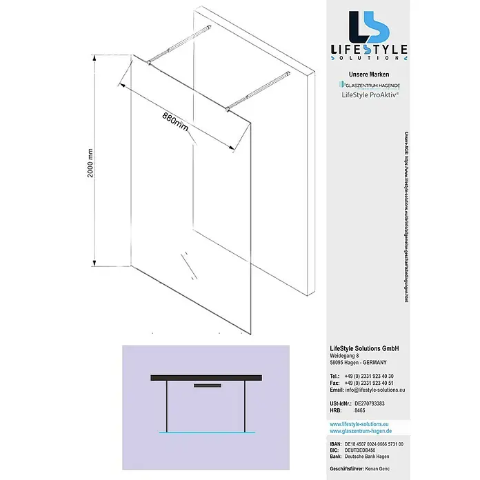 Glaszentrum Hagen Duschwand LoLa 88x200 cm Walk in Duschwand Satin - B x H: 88 x 200 cm, Eloxiert, Weiß