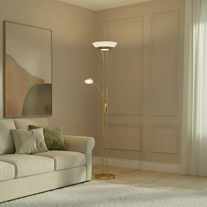 Lindby LED-Deckenfluter Yveta - Höhe: 183 cm, messing / gold, Warmweiß