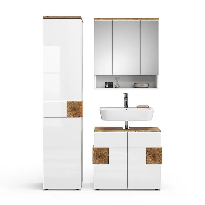 Vicco Badmöbel-Set Eden Weiß 3 Teile, mit Hochschrank - Gesamtbreite Badmöbel: 113,1 cm, Weiß Hochglanz, Glänzend