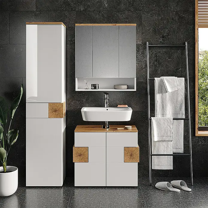 Vicco Badmöbel-Set Eden Weiß 3 Teile, mit Hochschrank - Gesamtbreite Badmöbel: 113,1 cm, Weiß Hochglanz, Glänzend